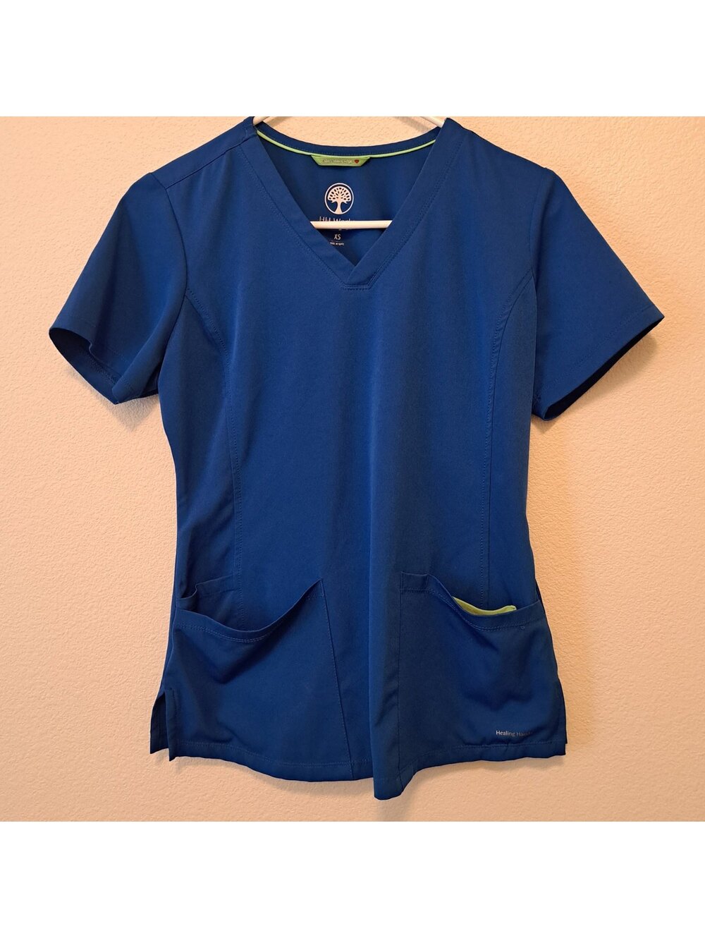 Healing Hands HH Works Blue Lime Green V-Neck Medical Scrub Top XS with Pockets
